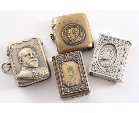 A VICTORIAN BRASS VESTA CASE with a portrait medallion of Gladstone & "Home Rule" on the front together with two nickel plate