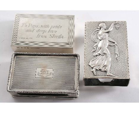 A MODERN LARGE MATCH BOX COVER resembling a snuff box with raised floral books & engine-turning, crested (marks lost in decor