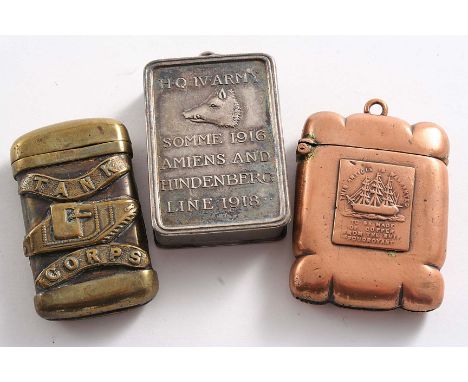 ARMY & NAVY:- A Great War brass "French Art" vesta case "TANK CORPS AMIENS 1918", a copper vesta case "warranted to be made o