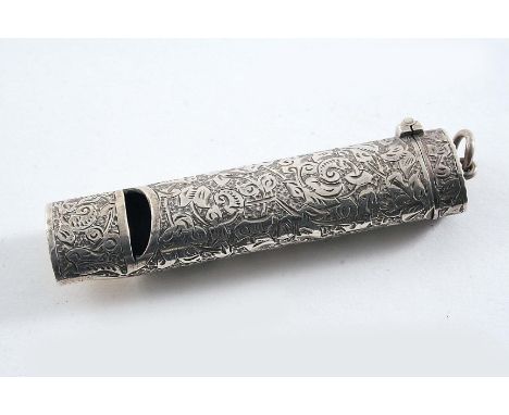 A LATE VICTORIAN ENGRAVED VESTA CASE & WHISTLE COMBINED of oval tubular form with suspensory ring, by S. Mordan & Co., London