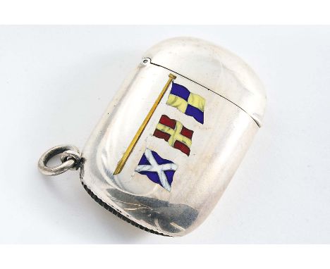 A LATE VICTORIAN VESTA CASE enamelled on the front with signalling flags "I will carry a light", with swivel suspensory ring 