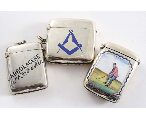 A LATE VICTORIAN PLATED VESTA CASE enamelled on the front with a golfer making a chip shot, c.1900 and another plated vesta c