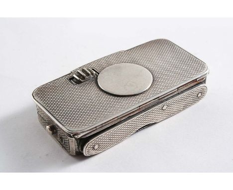 A VICTORIAN VESTA slow match holder & penknife combined, rectangular with engine-turned decoration, a vacant circular cartouc