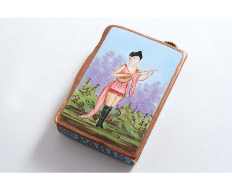 A FRENCH ENAMELLED COPPER VESTA CASE with a sprung cover & suspensory ring with a girl playing an instrument on the front, a 