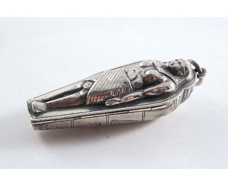 A RARE LATE VICTORIAN VESTA CASE in the form of an Egyptian sarcophagus with engraving on the back, Registered design no. "85