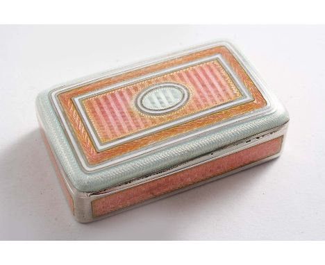 AN EARLY 20TH CENTURY CONTINENTAL VESTA BOX with rounded corners & enamelled decoration (pink & pearl coloured) on an engine-