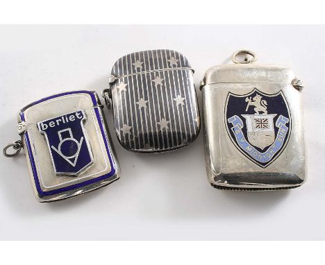 A VIENNESE VESTA CASE with enamel & the logo of "berliet", suspensory ring, 1910-20, a plated vesta case, enamelled with the 