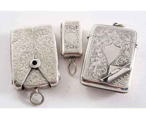 A SMALL 19TH CENTURY CONTINENTAL VESTA CASE rectangular with engraving & a suspensory ring c.1870, another engraved vesta cas