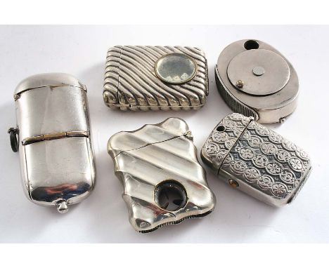 ASSORTED LATE VICTORIAN NICKEL-PLATED VESTA CASES: an example with diagonal fluting & a cigar piercer, another vesta with an 