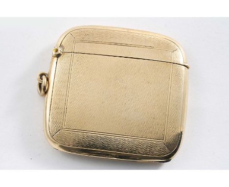 A 9 CT. GOLD VESTA CASE of rounded square outline with engine-turning, suspensory ring, by Percy Edwards Ltd., London 1917;  