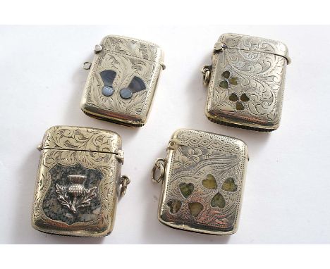 A LATE VICTORIAN ENGRAVED NICKEL "SCOTTISH MARKET" VINAIGRETTE with a granite inset and applied thistle, suspensory ring, ano