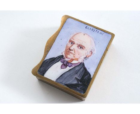 A FRENCH BRASS VESTA CASE with a sprung cover, enamelled with the portrait of "Gladstone", c.1898*;  1.8"  (4.6 cms) long *Pr