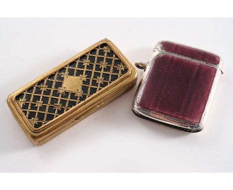 AN EDWARDIAN VESTA CASE with engine-turning & amethyst coloured enamel on the front, by Liberty & Co., Birmingham 1909 togeth