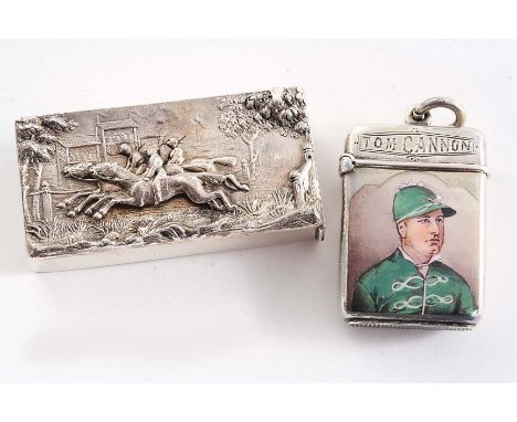A SMALL LATE VICTORIAN VESTA CASE enamelled on the front with a portrait of the famous flat-racing jockey "Tom Cannon", suspe