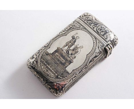 A RUSSIAN LARGE NIELLOWORK VESTA CASE with an architectural figural monument on one side & a vacant cartouche on the other, g