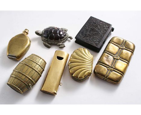 A NICKEL-PLATED & FAUX TORTOISESHELL VESTA CASE in the form of a terrapin, c.1910, a brass whistle/vesta case, a brass vesta 