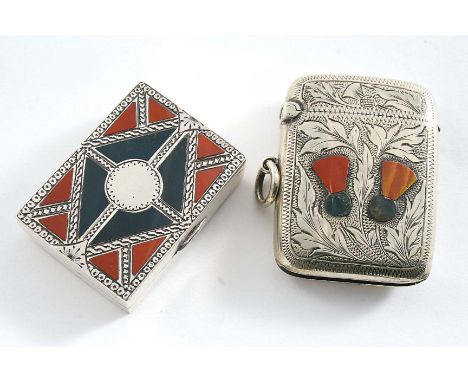 A LATE VICTORIAN "SCOTTISH MARKET" VESTA BOX plain oblong with a gilt interior, the cover inset with panels of agate separate