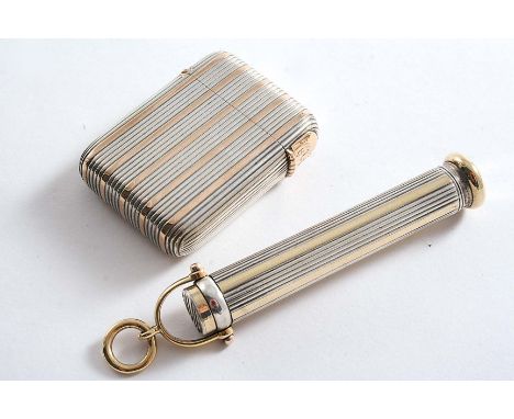 AN EDWARDIAN REEDED VESTA CASE with gold striping and a gold cartouche, initialled "M.N.A", by Alfred Clark, London 1901 toge