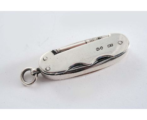 A VICTORIAN COMBINATION VESTA CASE pocket knife (with two fold-out steel blades) & pencil with a gilt interior & suspensory r