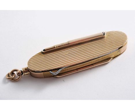 A LATE VICTORIAN 9 CT. GOLD COMBINED VESTA CASE, PENCIL, POCKET KNIFE & BUTTON HOOK with a reeded elongated oval body & a swi