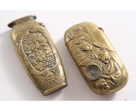 TWO LATE 19TH / EARLY 20TH CENTURY JAPANESE BRASS VESTA CASES:- One in the form of a vase & the other inset with a small comp