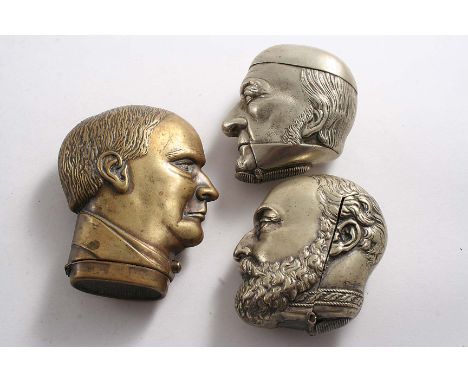 A NICKEL VESTA CASE  modelled as the profile head of Gladstone, another nickel portrait vesta case bearded, and another large