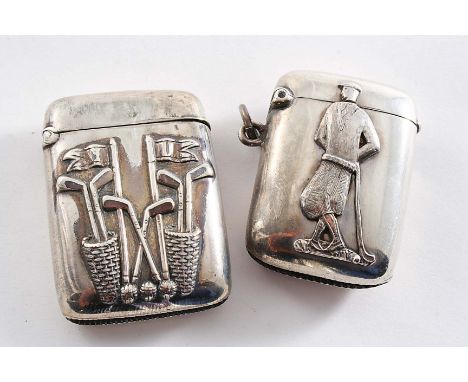 A LATE VICTORIAN VESTA CASE stamped in relief on the front with two bags of golf clubs and pin flags, maker's mark badly stru