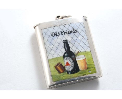 AN EDWARDIAN VESTA CASE with a flip-cover & a suspensory ring, enamelled on the front with "Old Friends" (a beer and a pipe!)