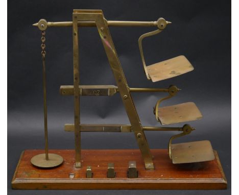 A set 19th century GPO brass triple ladder letter scales stamped De Grave &amp; Co, London. H.33 L.41 W.15cm (One weight miss
