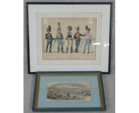Two framed and glazed antique hand coloured military engravings. One of various styles of French military uniform, the other 