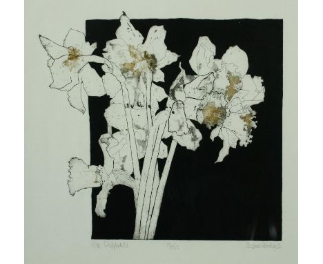A framed and glazed signed limited edition etching of six daffodils, signed Susan Hodges, titled 'Six Daffodils'. H.54 W.52cm