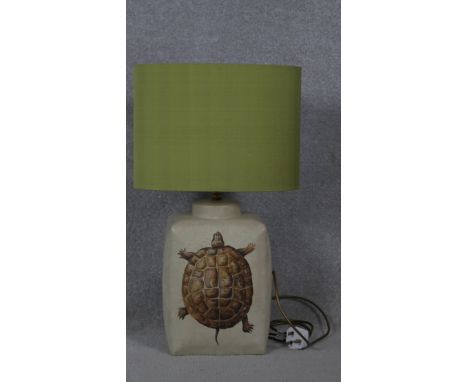 A Porto Romana ceramic lamp with transfer design of a tortoise and green silk shade. H.65 