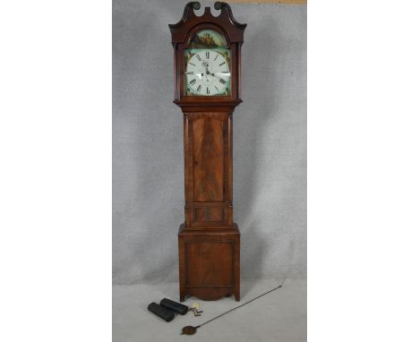 A Georgian mahogany longcase clock with painted arched dial and eight day movement by George Hood, Galashiels. H.218 W.47 D.2