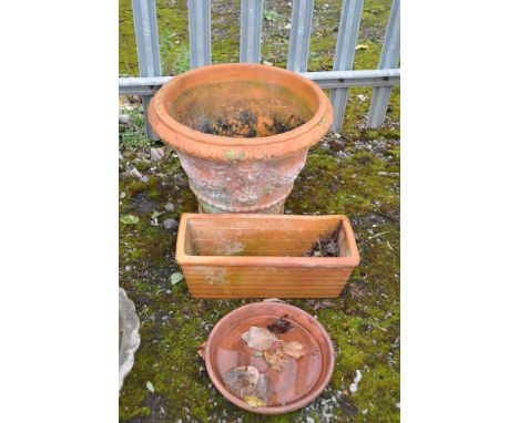 A TERRACOTTA TAPERED PLANTER, diameter 48cm x height 38cm, a rectangular planter, etc (3)