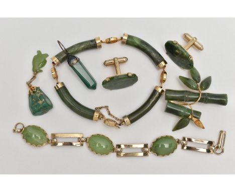 AN ASSORTMENT OF HARD STONE JEWELLERY, to include a nephrite jade bracelet, brooch, pendant and bracelet, a banded agate pend