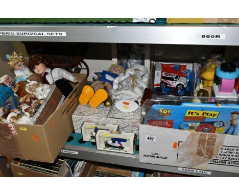 TWO BOXES AND LOOSE COLLECTABLE DOLLS, TRAINS AND FIGURES ETC, to include Alberon and Leonardo dolls, selection of 10cm dolls