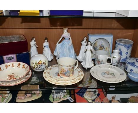 A GROUP OF NAMED CERAMICS AND CHRISTENING SETS, comprising a Mason's 'Teddy Bears' design dish and plate, a  Royal Doulton Di