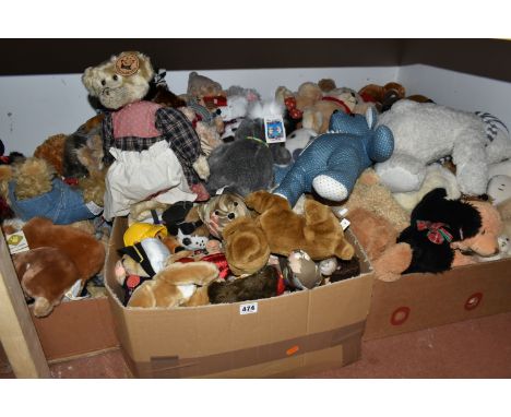 FIVE BOXES OF SOFT TOYS AND TEDDY BEARS, to include an S.J. Meadows handmade floral bear 'Bamser' 8/20,  a German made CE Col