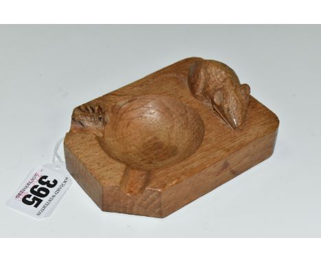 A ROBERT THOMPSON 'MOUSEMAN' STYLE ASHTRAY,  hand carved oak ashtray with signature mouse, length 10.2cm x width 8cm (1) (Con