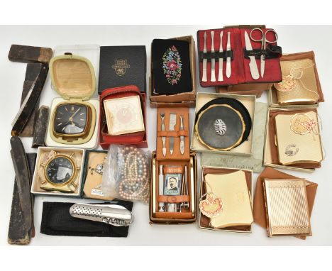 A BOX OF ASSORTED ITEMS, to include a 'Smiths' mantle clock, a 'Smiths' travel clock, a 'Kienzle' travel clock, a selection o