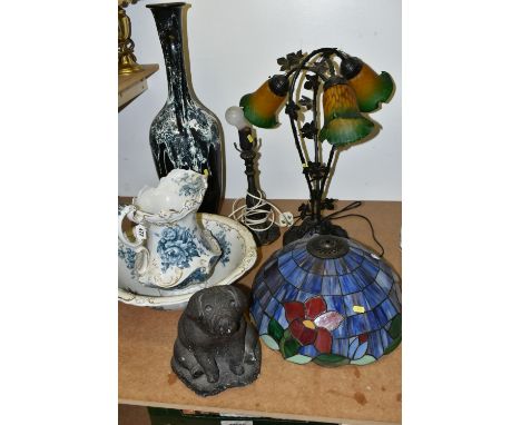 TWO TIFFANY STYLE TABLE LAMPS AND CERAMICS, comprising a large Spanish studio pottery navy blue and white floor vase, incised