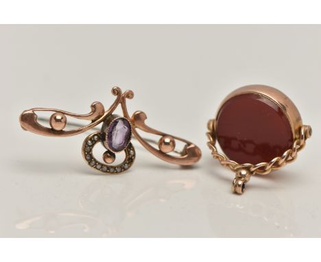 A 9CT GOLD SWIVEL FOB AND A BROOCH, the fob of a circular form set with carnelian and bloodstone inlays, collet setting hallm