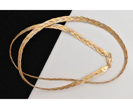 A TRI COLOUR CHAIN NECKLACE, white, yellow and rose metal plaited chain, fitted with a lobster clasp, approximate length 455m