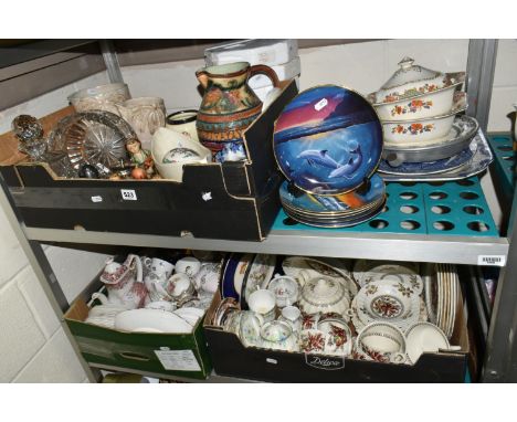 THREE BOXES AND LOOSE CERAMICS AND GLASS WARES, to include an eight piece Royal Albert 'Lynton' part tea set, six Hummel figu