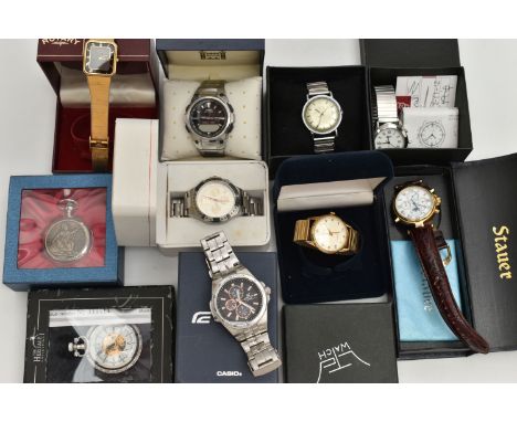 A BOX OF ASSORTED WRISTWATCHES, to include a ‘Stauer’ automatic moon phase, a ‘Casio’ Edifice, a ‘Casio’ wave captor, five ad