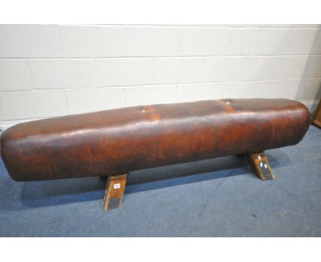 A VINTAGE CONVERTED POMMEL HORSE BENCH, on four legs, length 178cm x depth 33cm x height 46cm (condition report: surface scra