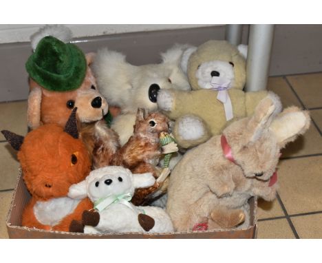 A STEIFF PERRI SQUIRREL AND A BOX CONTAINING SIX OTHER SOFT TOYS, the Steiff squirrel with button to ear, height 14.5cm, the 