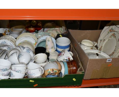 FIVE BOXES OF CERAMICS AND GLASSWARE, to include Afred Meakin dinnerware, Japanese eggshell tea set, Colclough tea set, a T.G