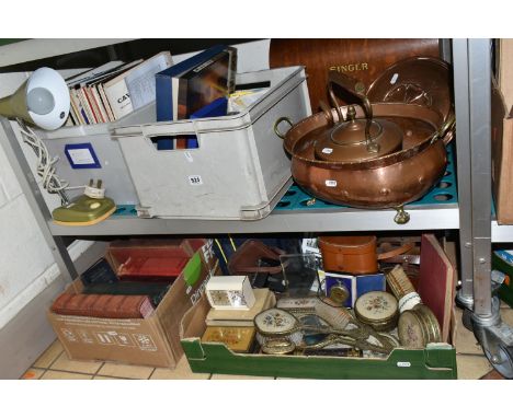 FOUR BOXES AND LOOSE METAL WARES, STAMPS, RECORDS, BOOKS AND SUNDRY ITEMS, to include a copper and brass oval planter with cl