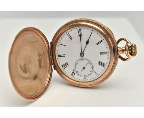 A ROLLED GOLD FULL HUNTER POCKET WATCH, manual wind, round white dial, Roman numerals, subsidiary seconds dial at the six o'c